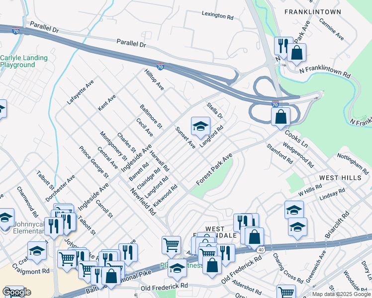 map of restaurants, bars, coffee shops, grocery stores, and more near 1549 Clairidge Road in Baltimore