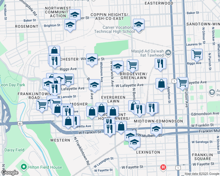 map of restaurants, bars, coffee shops, grocery stores, and more near 2511 West Lafayette Avenue in Baltimore