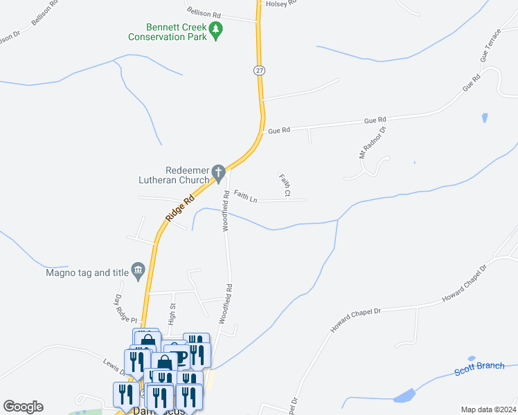 map of restaurants, bars, coffee shops, grocery stores, and more near 9512 Faith Lane in Damascus