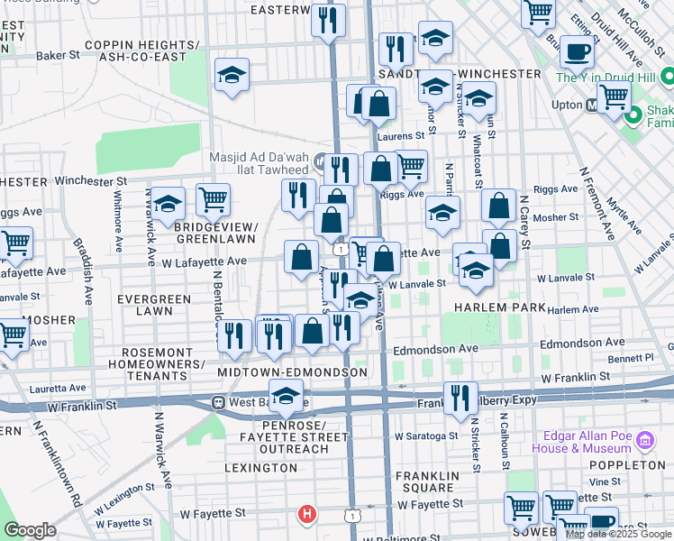 map of restaurants, bars, coffee shops, grocery stores, and more near 816 North Monroe Street in Baltimore