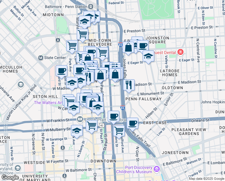 map of restaurants, bars, coffee shops, grocery stores, and more near 707 North Calvert Street in Baltimore