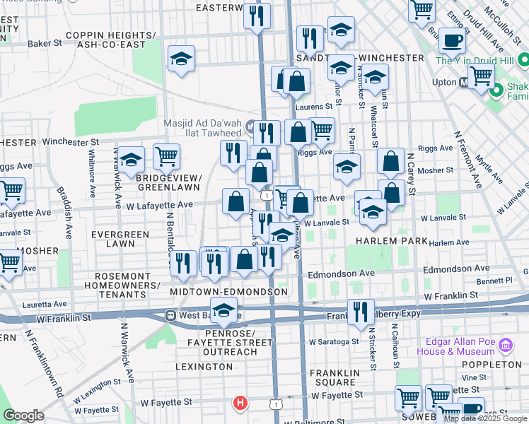 map of restaurants, bars, coffee shops, grocery stores, and more near 816 North Monroe Street in Baltimore