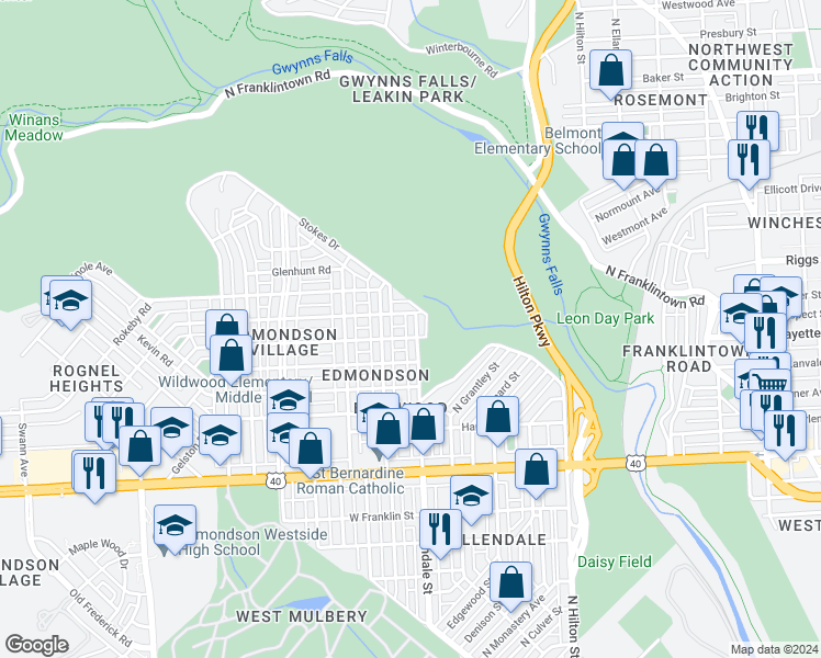 map of restaurants, bars, coffee shops, grocery stores, and more near 906 Allendale Street in Baltimore