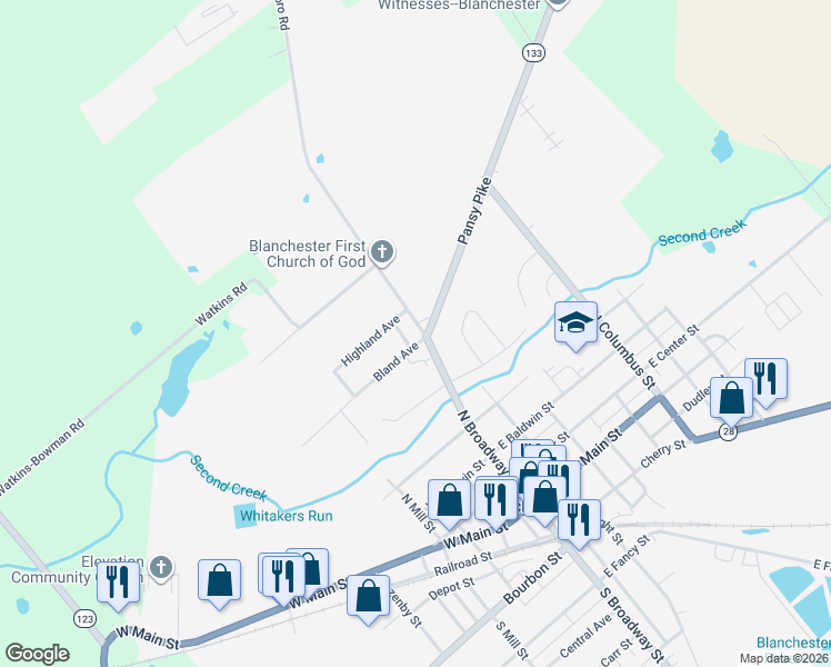 map of restaurants, bars, coffee shops, grocery stores, and more near 604 South Broadway Street in Blanchester
