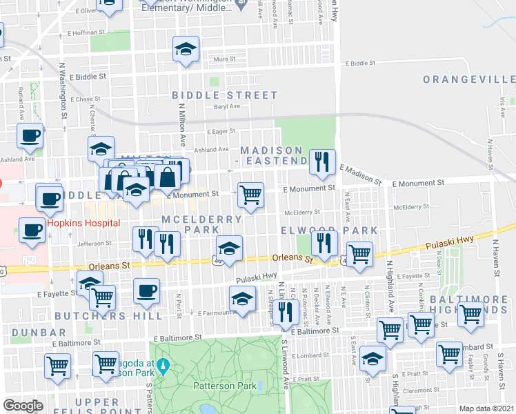 map of restaurants, bars, coffee shops, grocery stores, and more near 613 North Kenwood Avenue in Baltimore