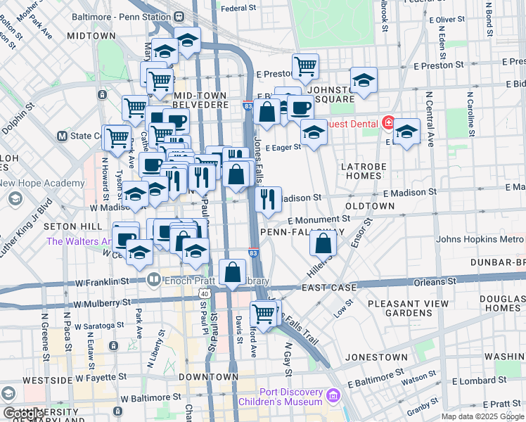 map of restaurants, bars, coffee shops, grocery stores, and more near The Fallsway in Baltimore