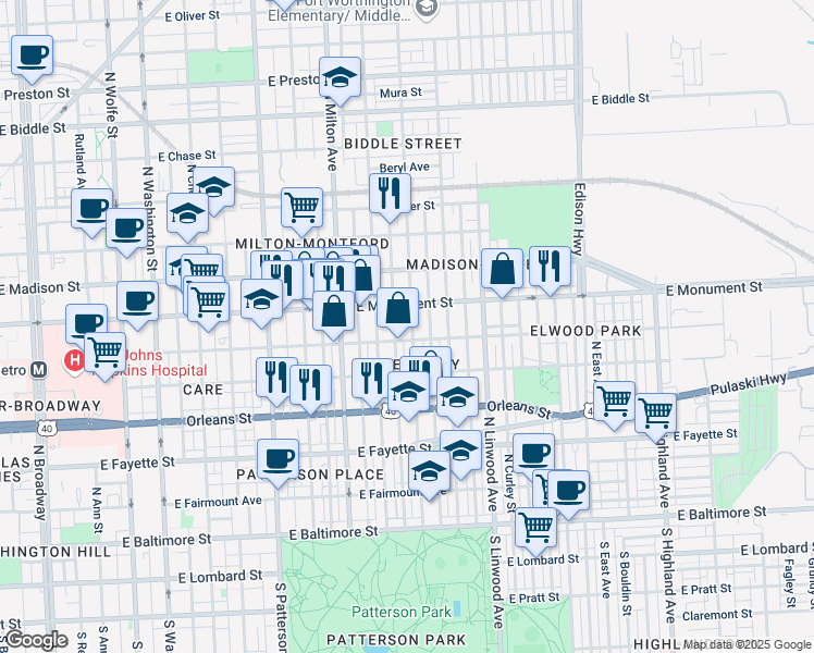 map of restaurants, bars, coffee shops, grocery stores, and more near 606 North Lakewood Avenue in Baltimore