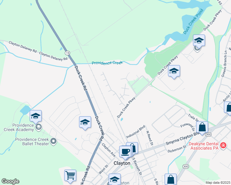 map of restaurants, bars, coffee shops, grocery stores, and more near 1 Bethel Circle in Clayton