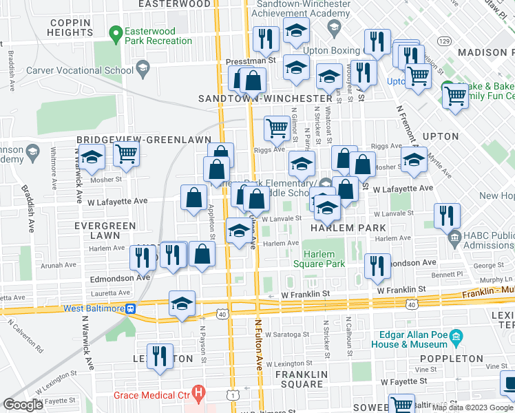 map of restaurants, bars, coffee shops, grocery stores, and more near 825 North Fulton Avenue in Baltimore