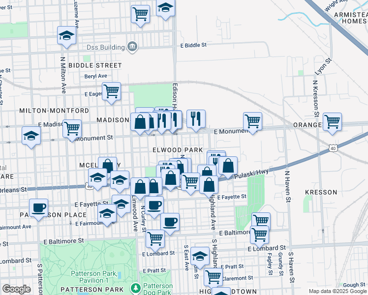 map of restaurants, bars, coffee shops, grocery stores, and more near 3202 McElderry Street in Baltimore