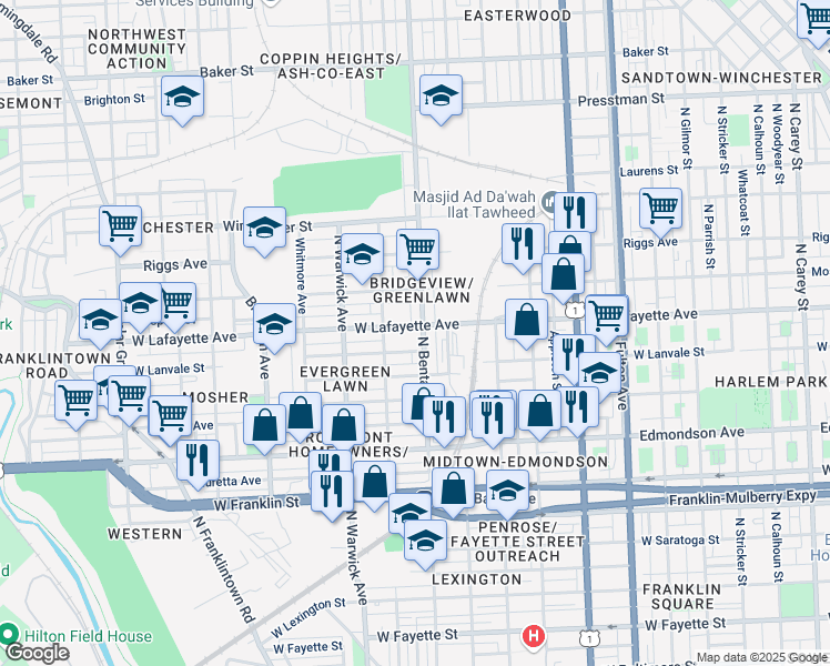 map of restaurants, bars, coffee shops, grocery stores, and more near 832 North Bentalou Street in Baltimore