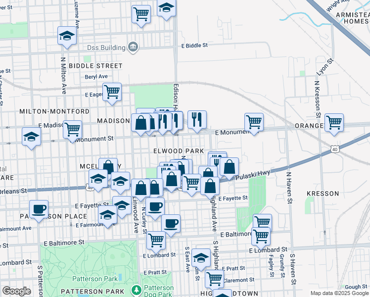 map of restaurants, bars, coffee shops, grocery stores, and more near 3202 McElderry Street in Baltimore