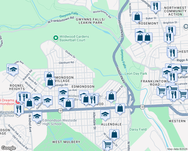 map of restaurants, bars, coffee shops, grocery stores, and more near 909 Allendale Street in Baltimore
