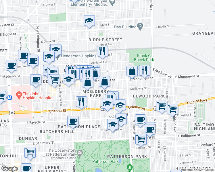 map of restaurants, bars, coffee shops, grocery stores, and more near 604 North Lakewood Avenue in Baltimore