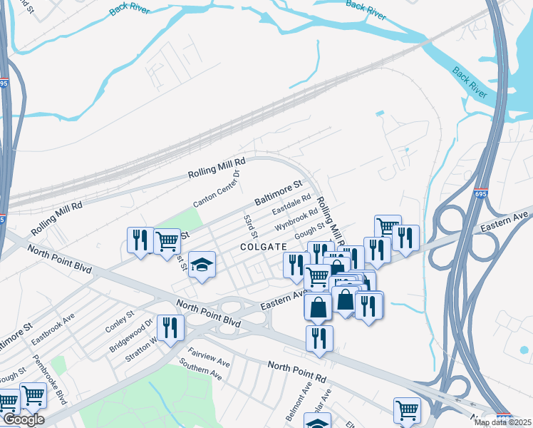 map of restaurants, bars, coffee shops, grocery stores, and more near 7950 Eastdale Road in Baltimore