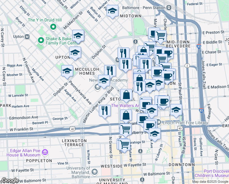 map of restaurants, bars, coffee shops, grocery stores, and more near 420 Orchard Street in Baltimore