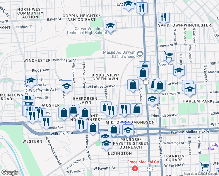 map of restaurants, bars, coffee shops, grocery stores, and more near 2211 West Lafayette Avenue in Baltimore