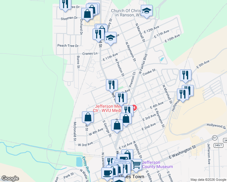 map of restaurants, bars, coffee shops, grocery stores, and more near 216 North Mildred Street in Ranson