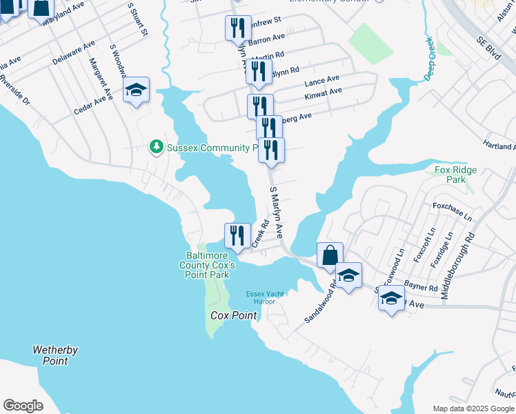 map of restaurants, bars, coffee shops, grocery stores, and more near 800 Creek Road in Essex