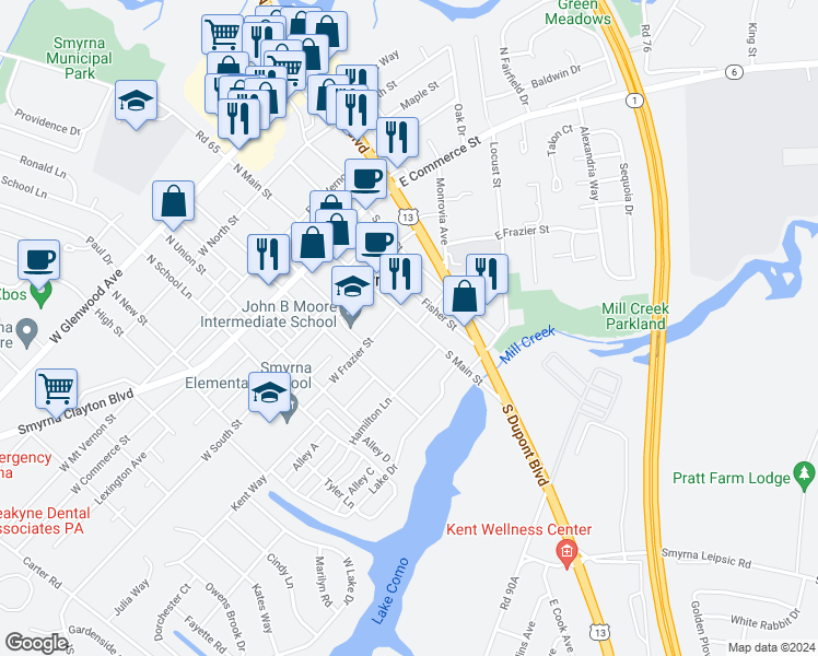map of restaurants, bars, coffee shops, grocery stores, and more near 153 South Main Street in Smyrna