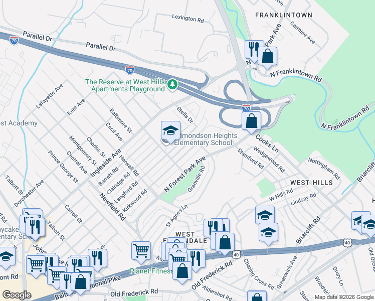 map of restaurants, bars, coffee shops, grocery stores, and more near 1632 Kirkwood Road in Woodlawn