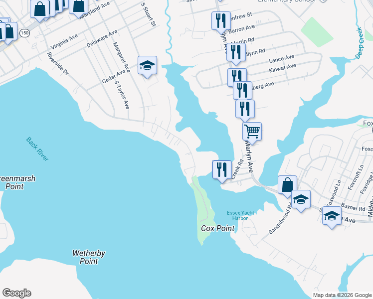 map of restaurants, bars, coffee shops, grocery stores, and more near 714 Riverside Drive in Essex