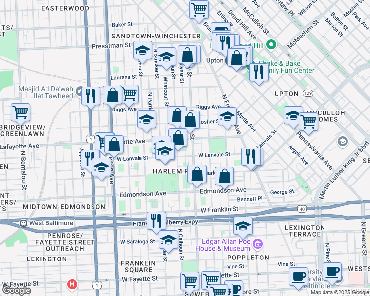 map of restaurants, bars, coffee shops, grocery stores, and more near 1319 West Lafayette Avenue in Baltimore