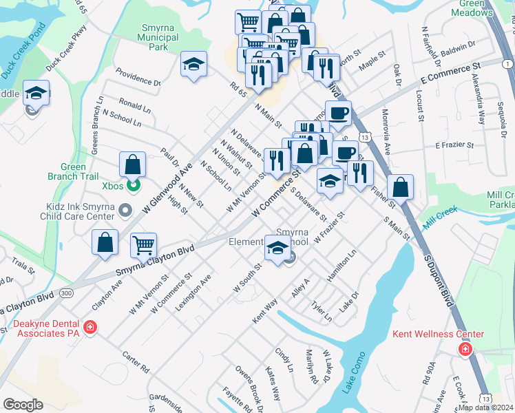 map of restaurants, bars, coffee shops, grocery stores, and more near 20 South School Lane in Smyrna