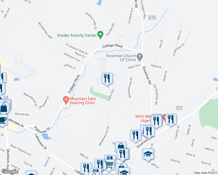 map of restaurants, bars, coffee shops, grocery stores, and more near 39 Wellington Court in Parkersburg