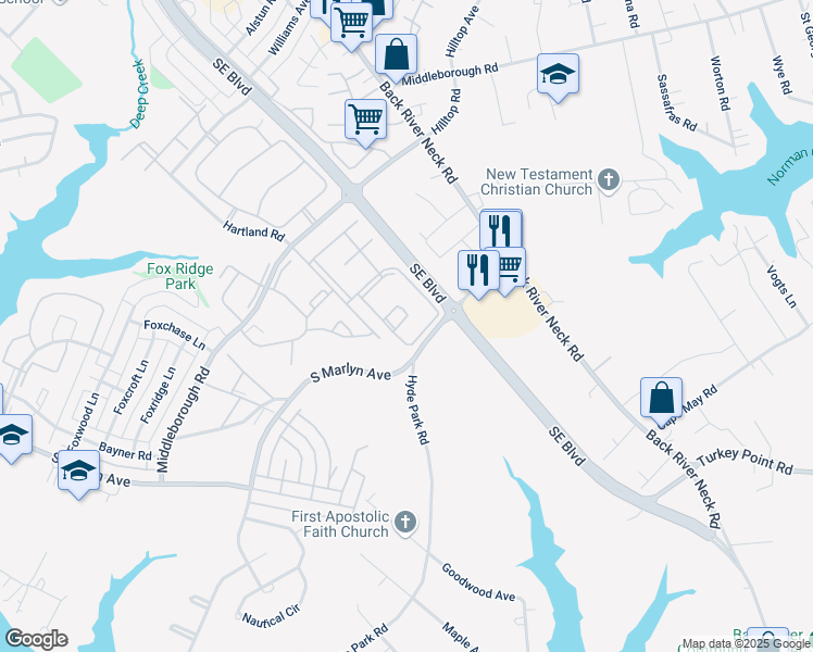 map of restaurants, bars, coffee shops, grocery stores, and more near 1417 Winter Park Circle in Essex