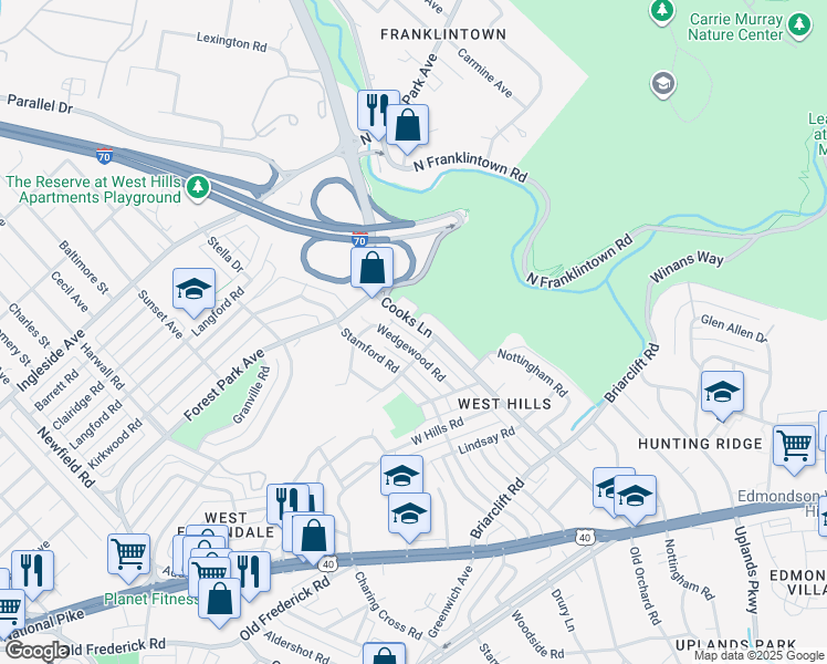 map of restaurants, bars, coffee shops, grocery stores, and more near 1141 Wedgewood Road in Baltimore