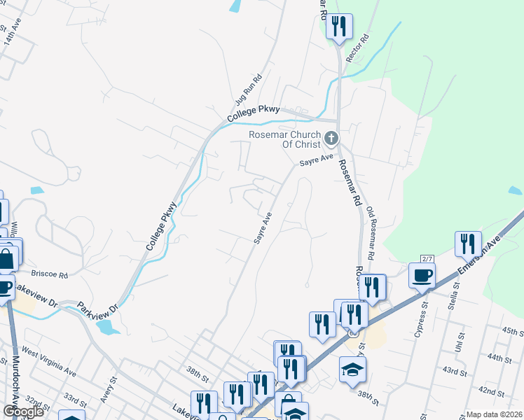map of restaurants, bars, coffee shops, grocery stores, and more near 33 Wellington Court in Parkersburg