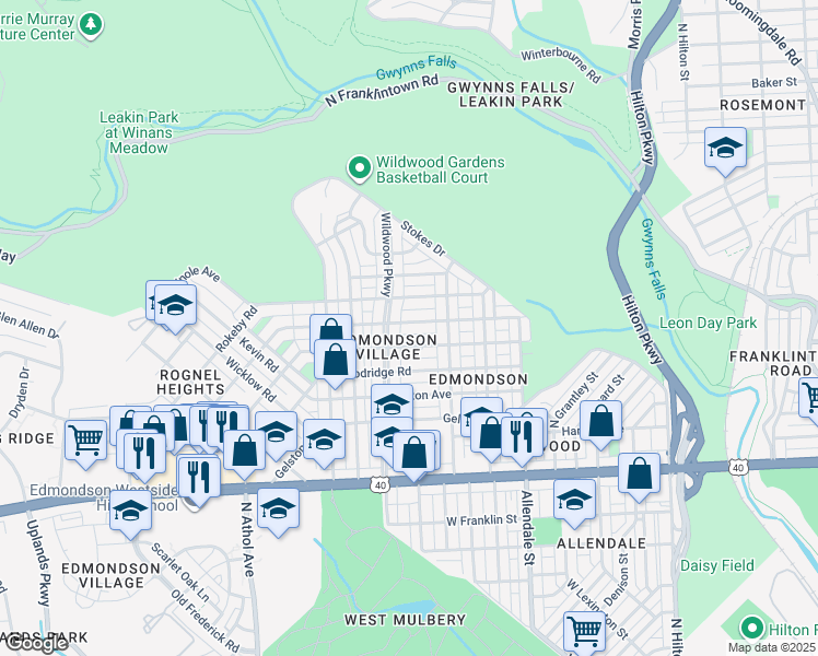 map of restaurants, bars, coffee shops, grocery stores, and more near 3931 Flowerton Road in Baltimore