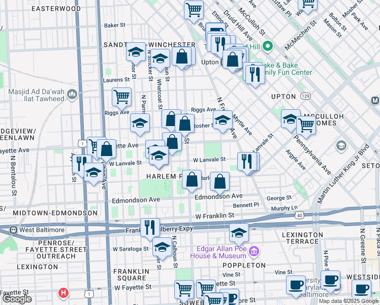 map of restaurants, bars, coffee shops, grocery stores, and more near 811 North Carey Street in Baltimore