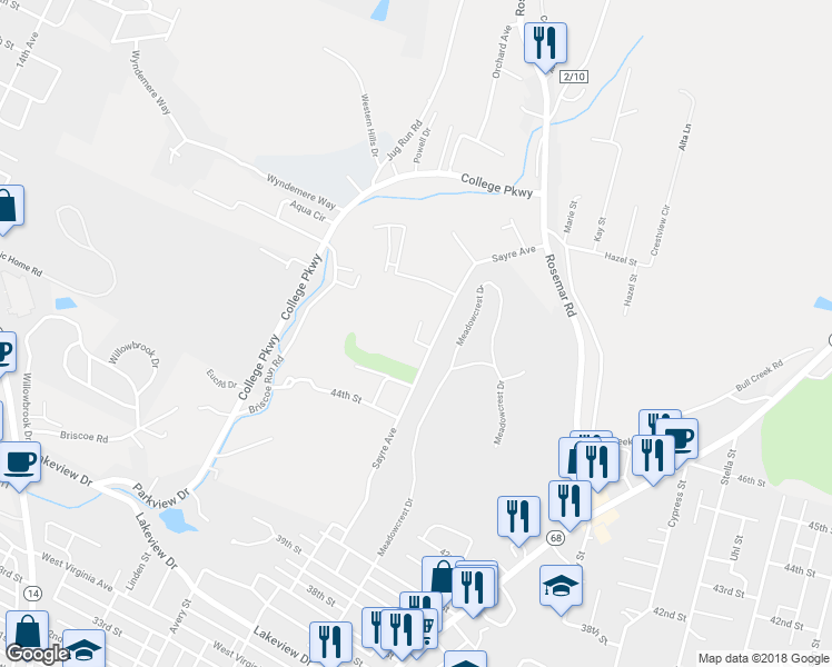 map of restaurants, bars, coffee shops, grocery stores, and more near 38 Wellington Court in Parkersburg