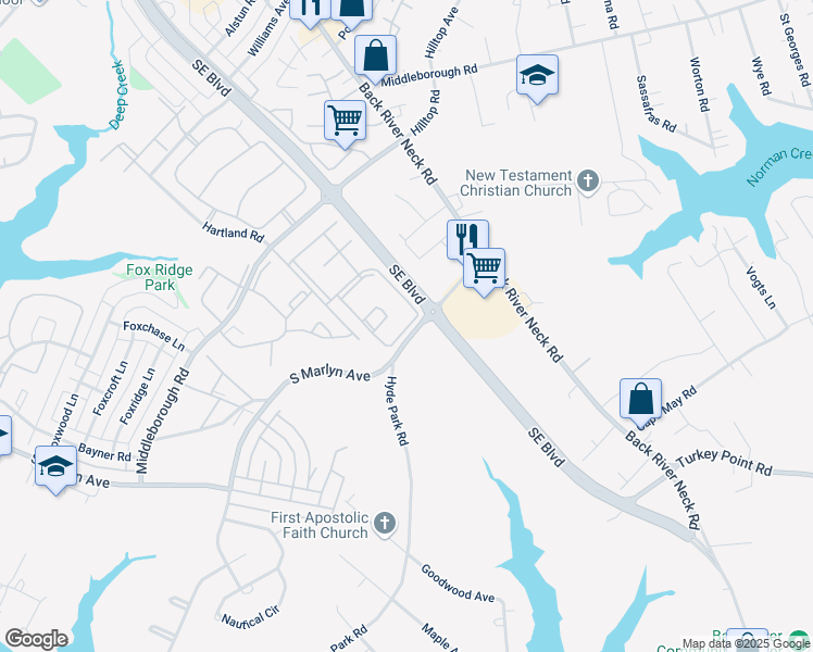 map of restaurants, bars, coffee shops, grocery stores, and more near 1408 Shadetree Road in Essex