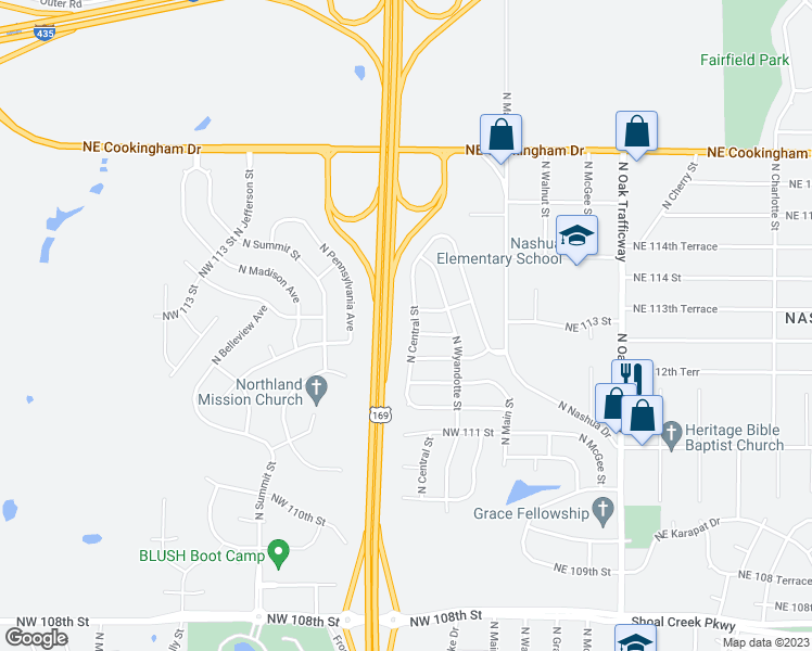 map of restaurants, bars, coffee shops, grocery stores, and more near 11304 North Central Street in Kansas City