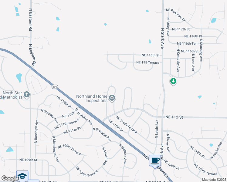 map of restaurants, bars, coffee shops, grocery stores, and more near 11314 North Donnelly Avenue in Kansas City