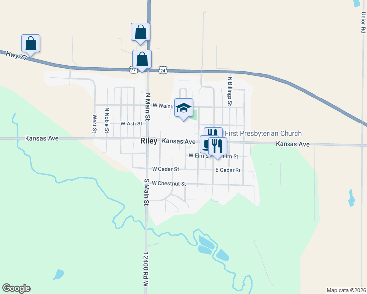 map of restaurants, bars, coffee shops, grocery stores, and more near 107 South Hassebroek Street in Riley