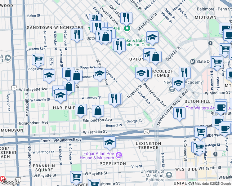 map of restaurants, bars, coffee shops, grocery stores, and more near 810 West Lanvale Street in Baltimore