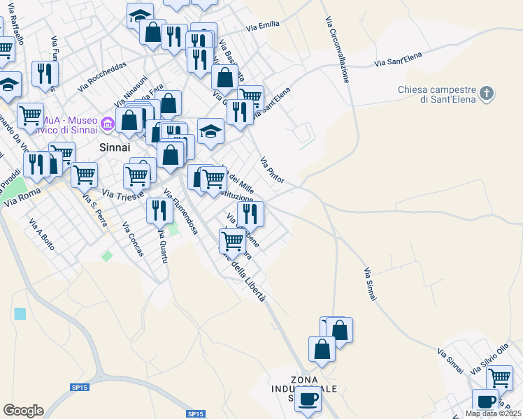 map of restaurants, bars, coffee shops, grocery stores, and more near 1 Via SS. Cosma e Damiano in Sinnai