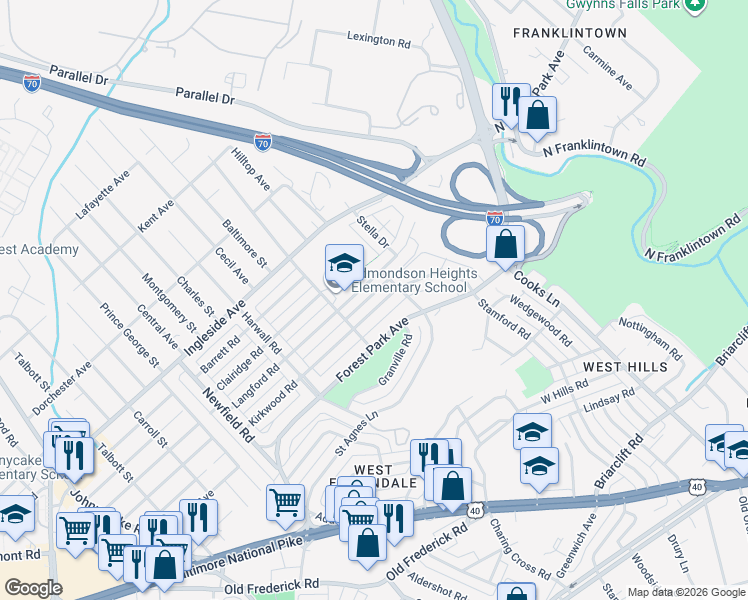 map of restaurants, bars, coffee shops, grocery stores, and more near 1632 Kirkwood Road in Woodlawn