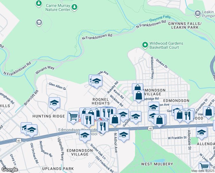 map of restaurants, bars, coffee shops, grocery stores, and more near 1116 Kevin Road in Baltimore