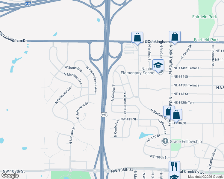 map of restaurants, bars, coffee shops, grocery stores, and more near 11304 North Central Street in Kansas City