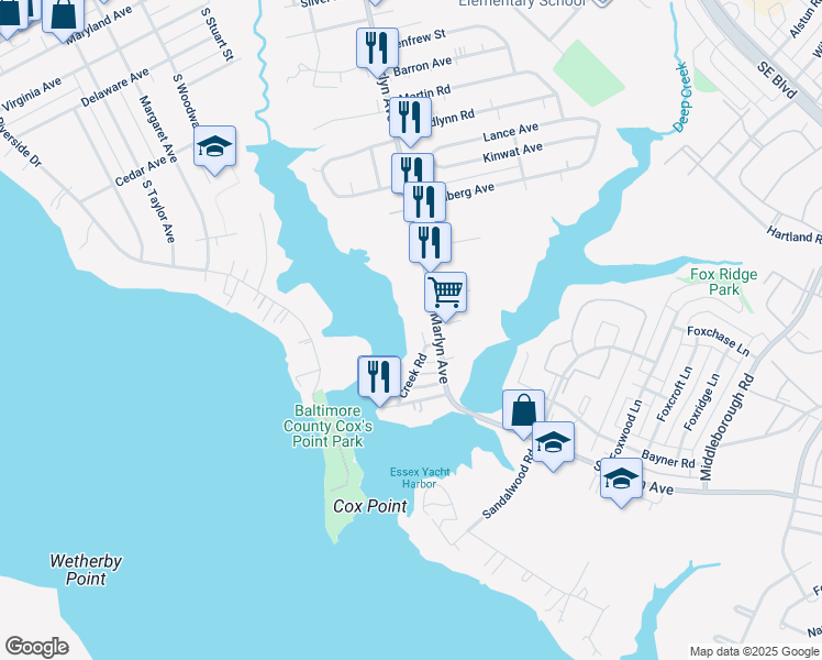 map of restaurants, bars, coffee shops, grocery stores, and more near 800 Creek Road in Essex