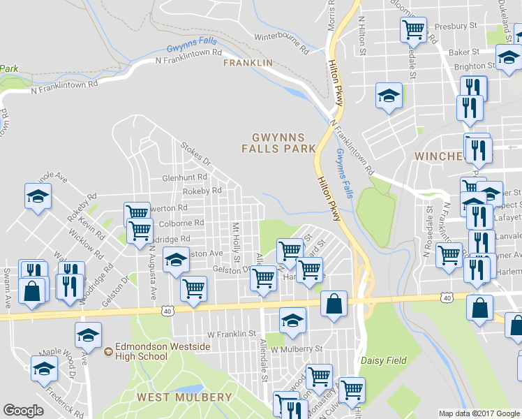 map of restaurants, bars, coffee shops, grocery stores, and more near 915 Allendale Street in Baltimore