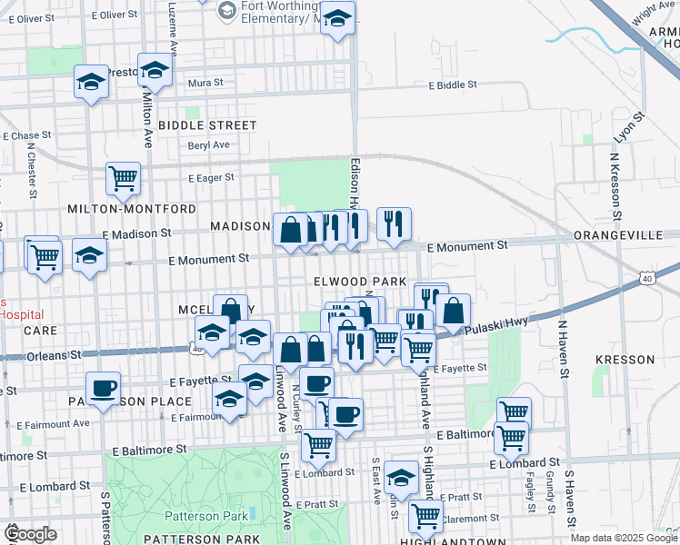 map of restaurants, bars, coffee shops, grocery stores, and more near 605 North Ellwood Avenue in Baltimore