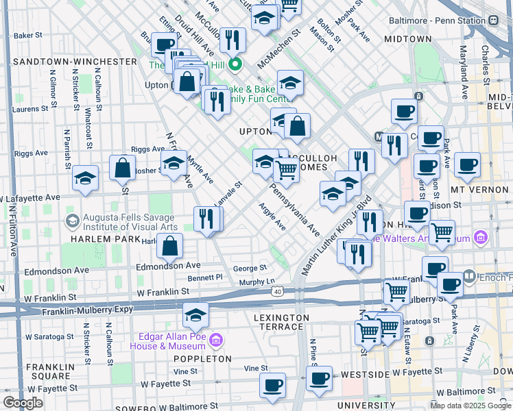 map of restaurants, bars, coffee shops, grocery stores, and more near 1146 Argyle Avenue in Baltimore