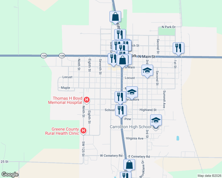 map of restaurants, bars, coffee shops, grocery stores, and more near 601-649 Maple Street in Carrollton