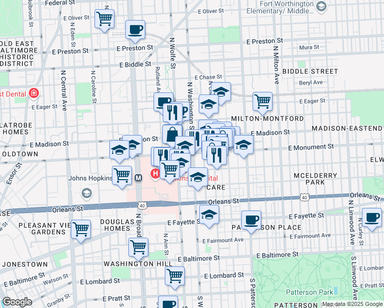 map of restaurants, bars, coffee shops, grocery stores, and more near 1999 East Monument Street in Baltimore